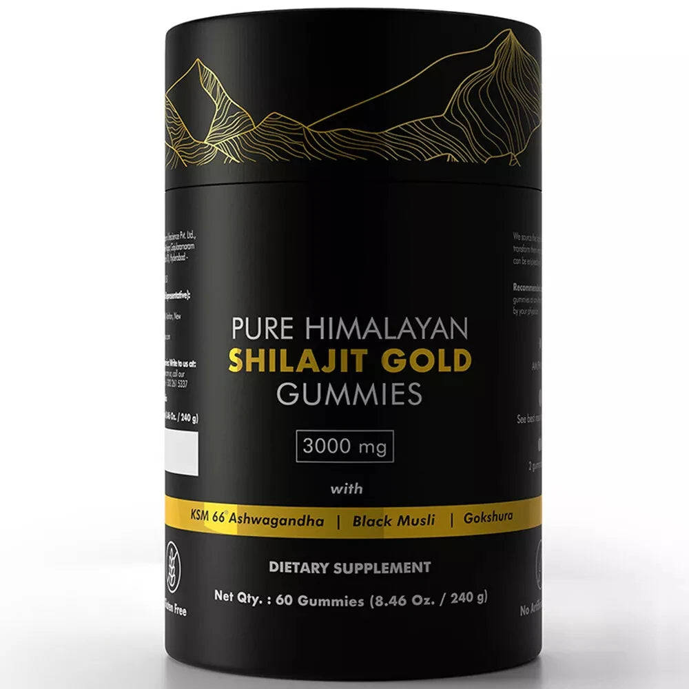 Black container of Pure Himalayan Shilajit Gold Gummies with gold text on a white background