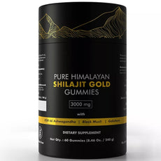 Black container of Pure Himalayan Shilajit Gold Gummies with gold text on a white background