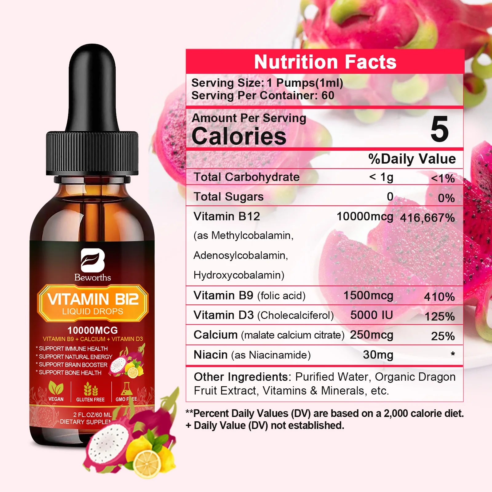 Bottle of Vitamin B12 liquid drops with nutrition facts label on a white background