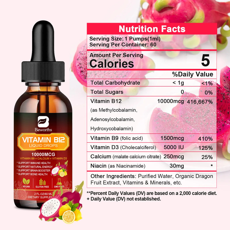 Liquid B12 + D3 Complex | Sublingual Vitamin Drops for Energy, Brain & Immune Health – 60ml