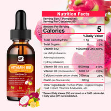 Bottle of Vitamin B12 liquid drops with nutrition facts label on a white background