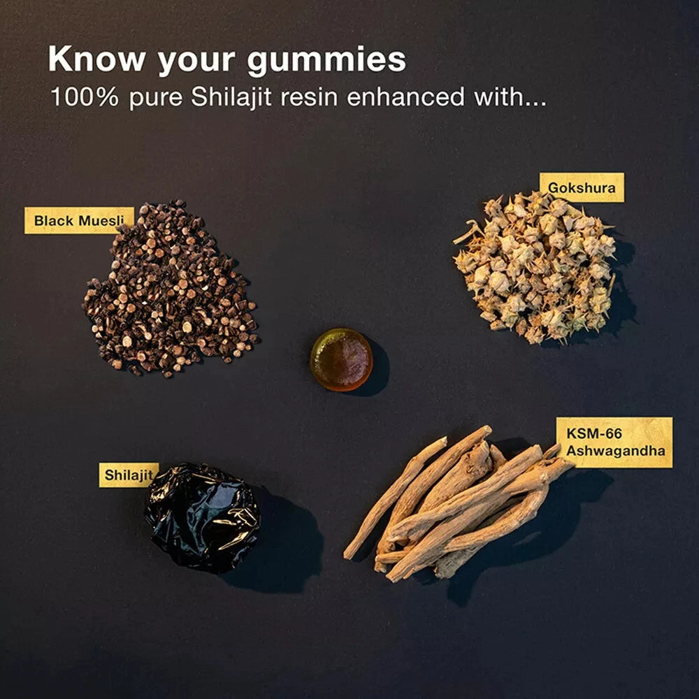 Ingredients of Shilajit gummies on a dark background with labels.