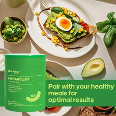 Green supplement container labeled 'Metabolism' with a healthy meal including avocado toast and salad on a white surface.