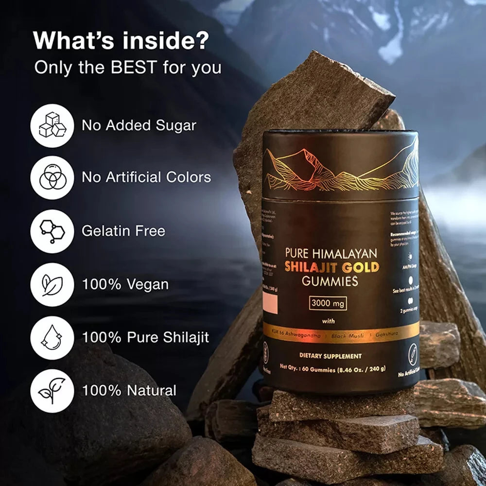 Pure Himalayan Shilajit Gold Gummies container with natural elements and product features listed.