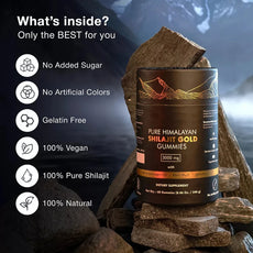 Pure Himalayan Shilajit Gold Gummies container with natural elements and product features listed.