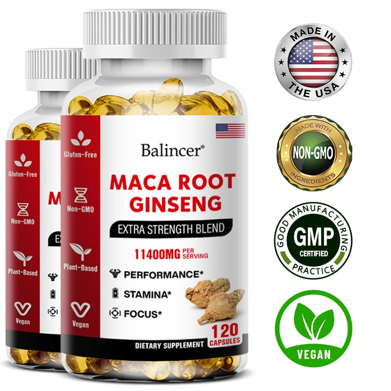 Organic Maca Root + Ginseng Extract Capsules - Stamina & Mood - Energy Supplement for Men and Women