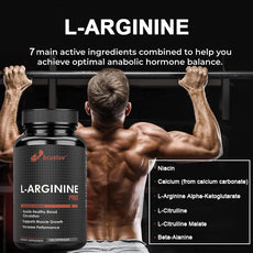 L-arginine supplement bottle with a muscular man lifting weights, highlighting the product's benefits.