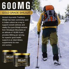 Person hiking in snow with Shilajit product packaging and text about gold grade Shilajit.