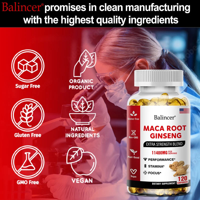 Organic Maca Root + Ginseng Extract Capsules - Stamina & Mood - Energy Supplement for Men and Women