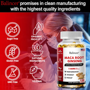 Organic Maca Root + Ginseng Extract Capsules - Stamina & Mood - Energy Supplement for Men and Women