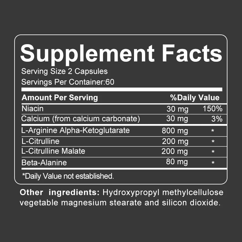Supplement facts label with detailed nutritional information on a black background