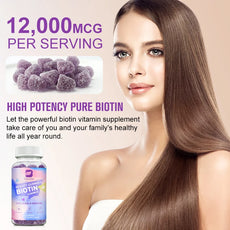 Woman with long brown hair next to a biotin supplement bottle and text about high potency pure biotin.