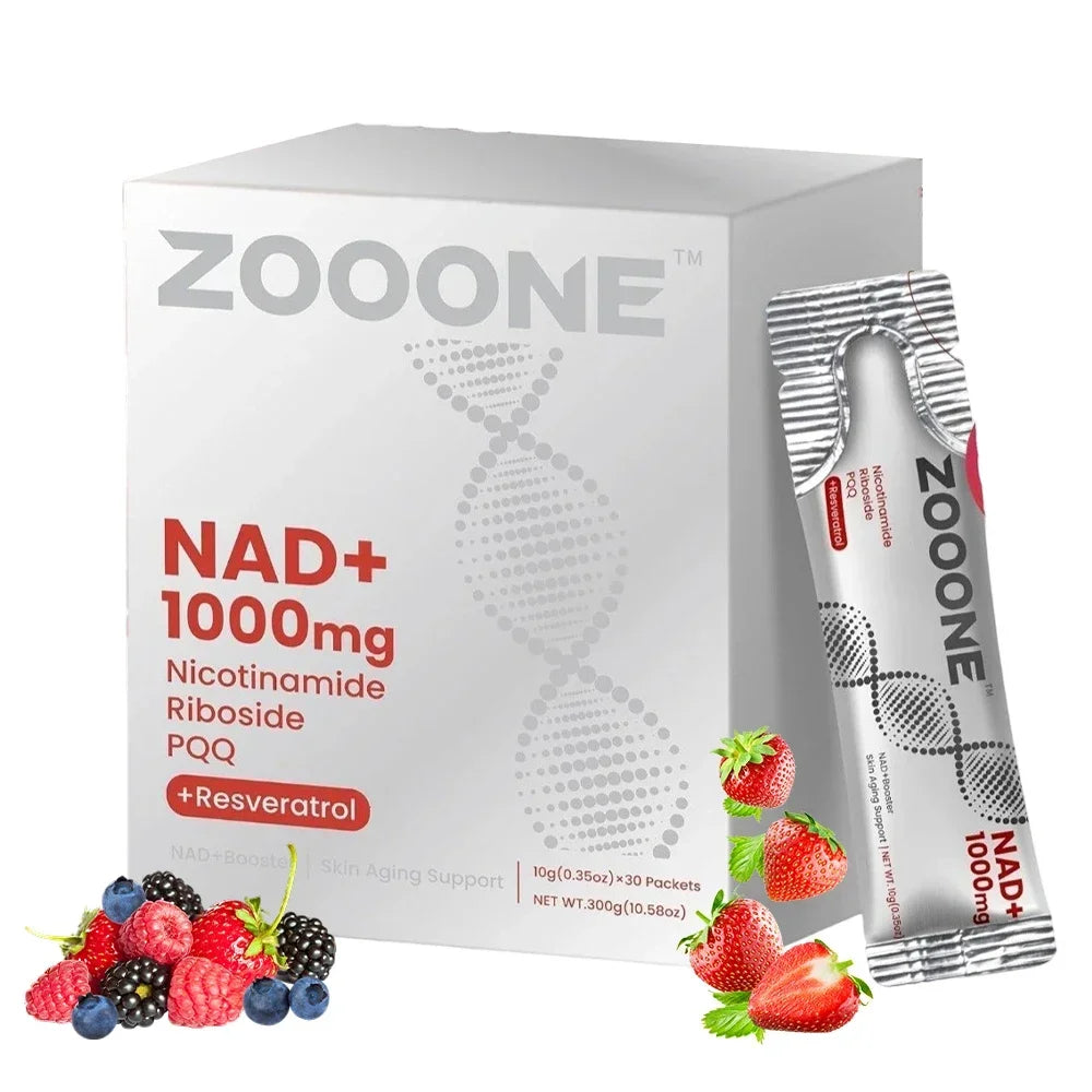 Zooone NAD+ supplement packaging with a white box and silver packets on a white background.