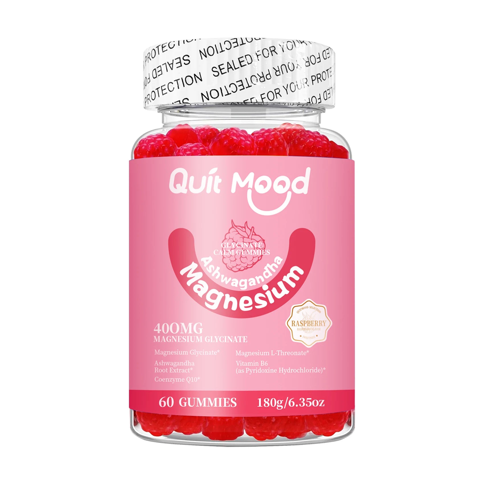 Jar of Quit Mood magnesium gummies with a pink label on a white background