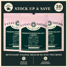 Three packages of Vital Natural Nutrition Premium Feminine Balance Gummies with promotional text on a dark green background.