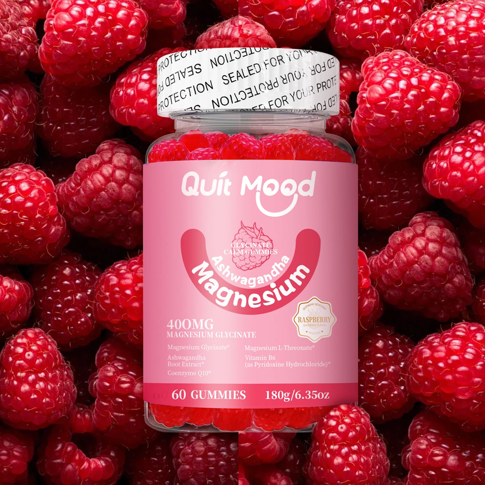 Bottle of Quit Mood Magnesium gummies surrounded by raspberries