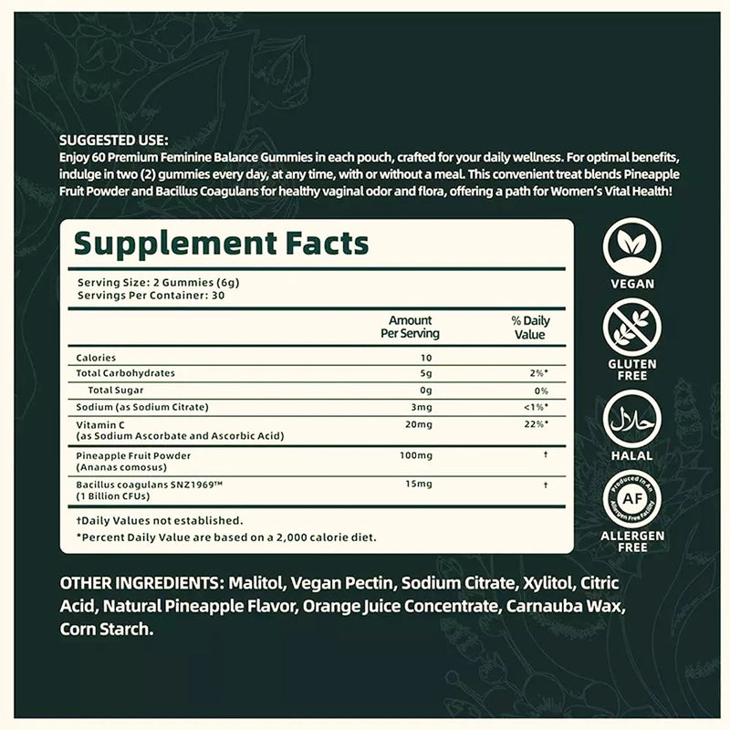 Feminine Balance Gummies – Women’s Health Support with Pineapple & Probiotics | pH Balance, Immune Defense & Vaginal Flora | Vegan, Gluten-Free | 60 Gummies (30 Servings)