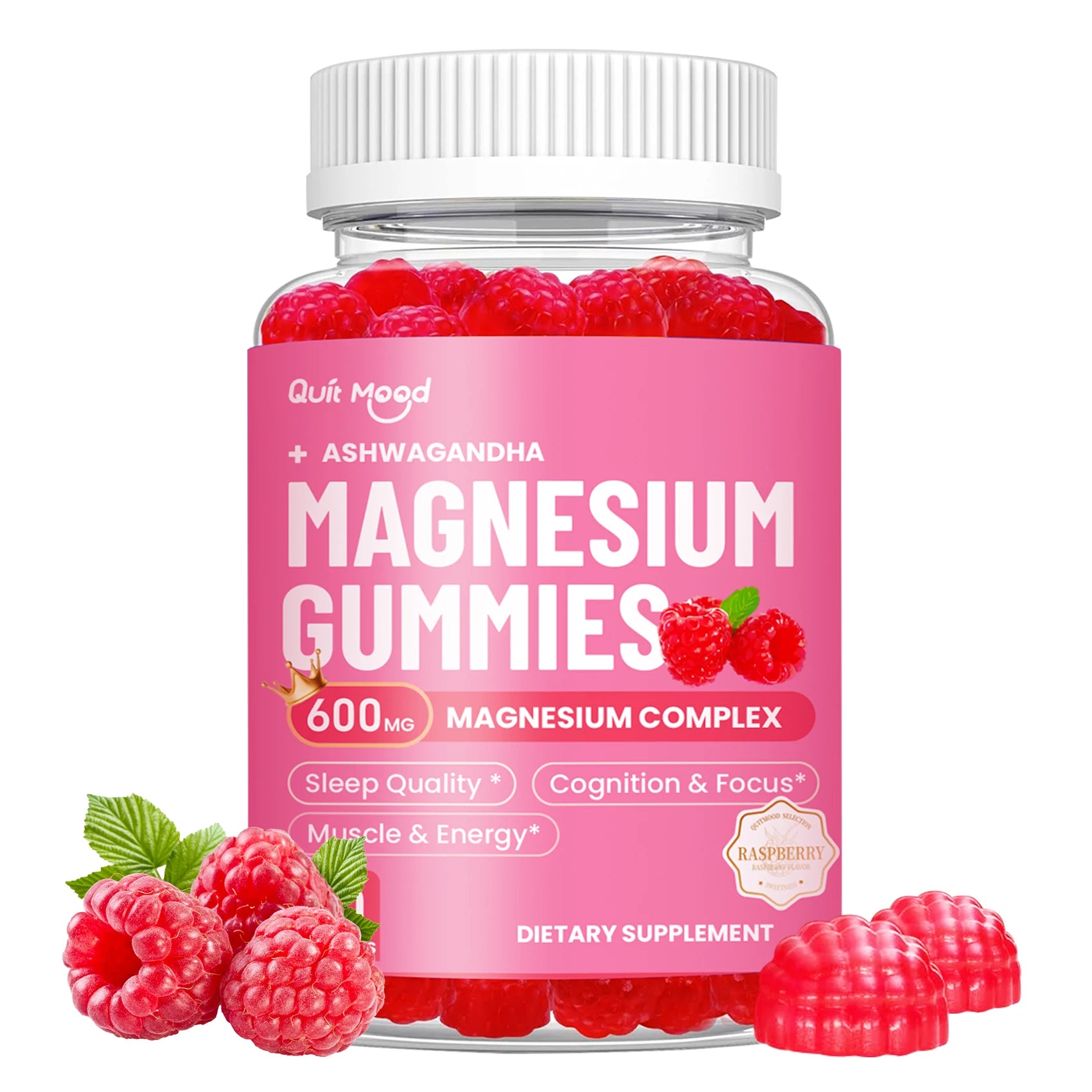 Bottle of magnesium gummies with raspberries on a white background