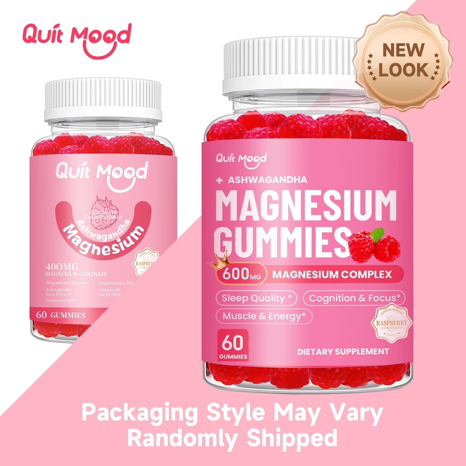 Two bottles of Quit Mood Magnesium Gummies on a pink background with 'NEW LOOK' label.