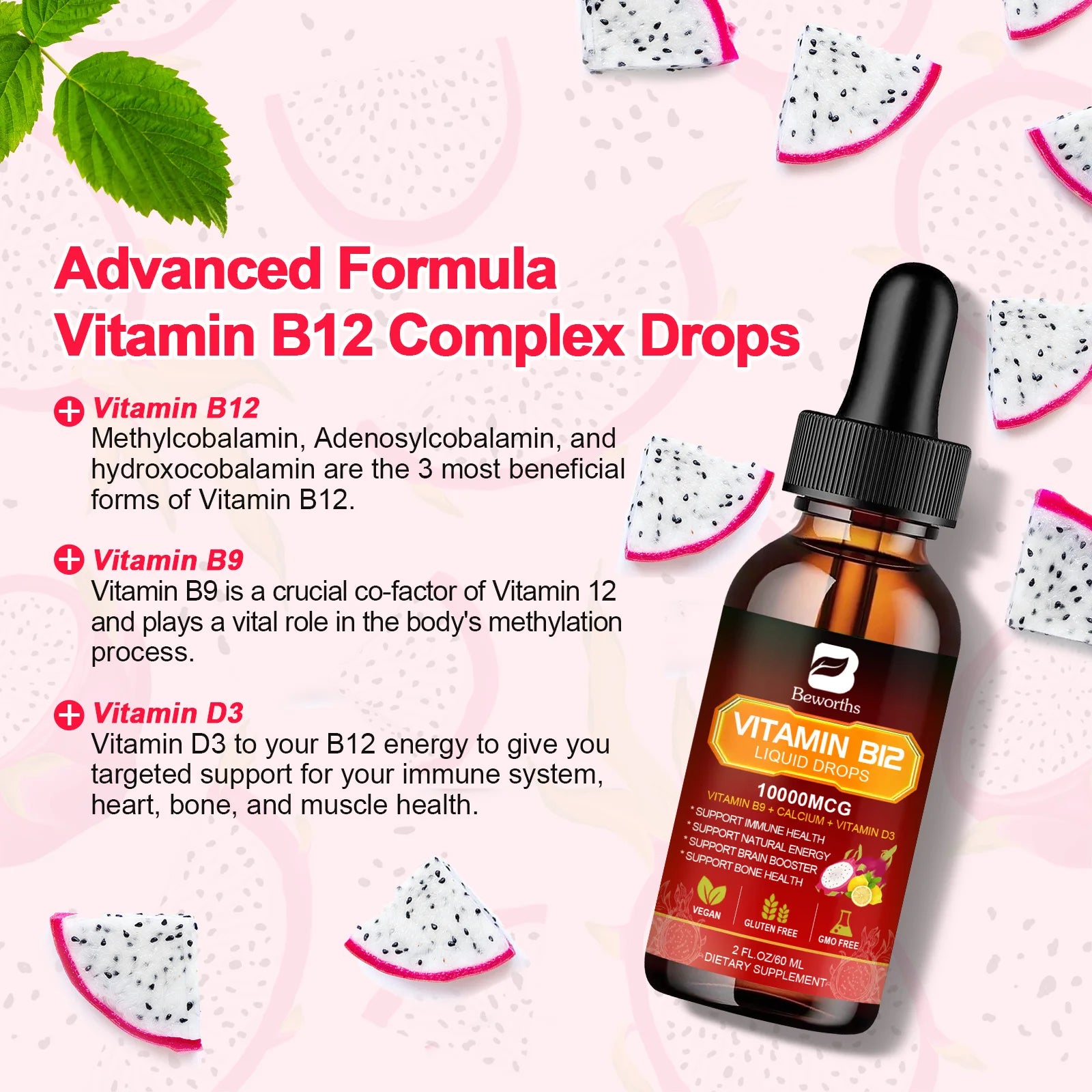 Vitamin B12 complex drops bottle with dragon fruit slices on a pink background