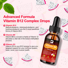 Vitamin B12 complex drops bottle with dragon fruit slices on a pink background