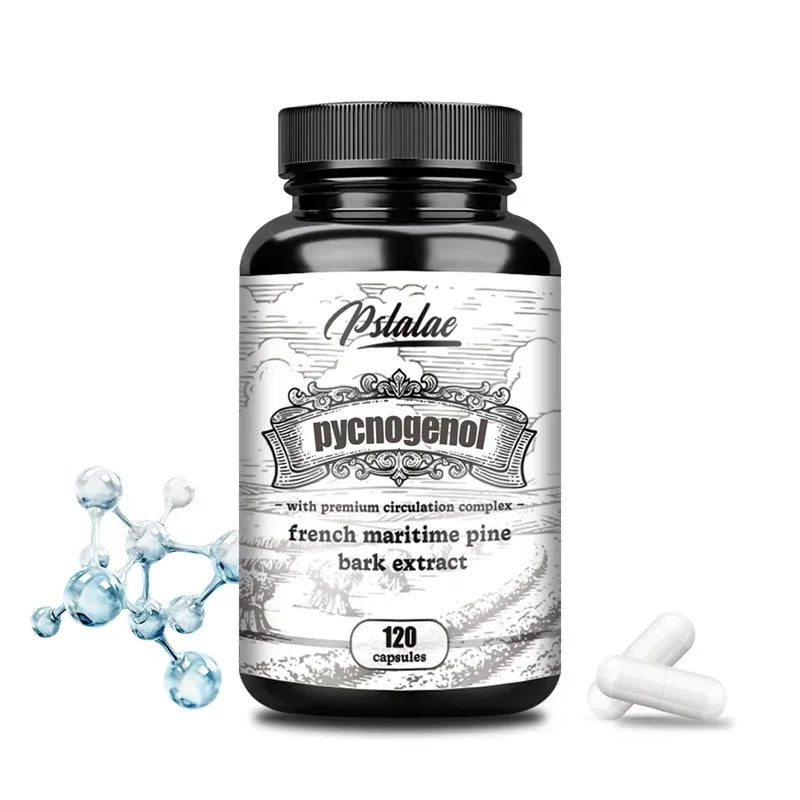 Bottle of Pynalae pycnogenol supplement with molecular model and capsules on a white background
