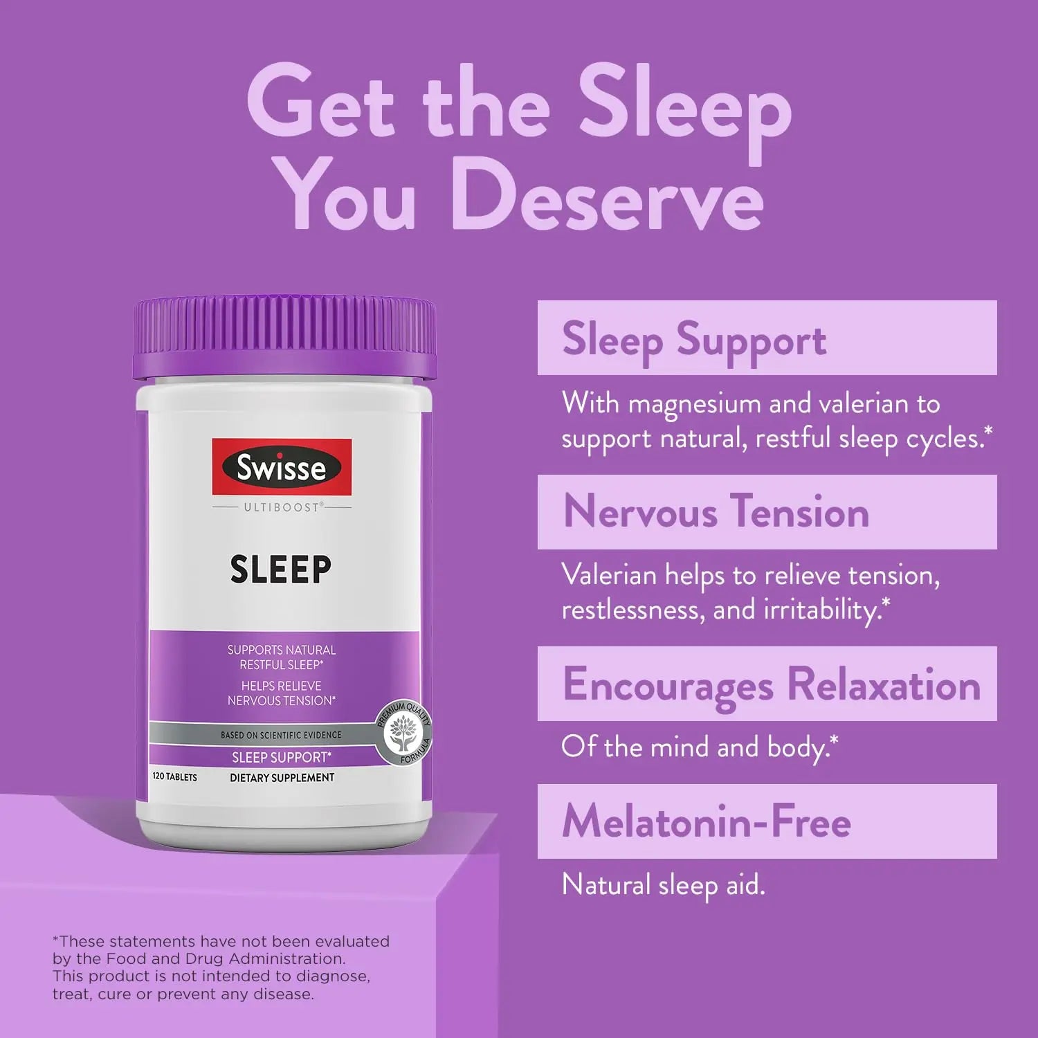 Swisse Sleep supplement bottle with product features on a purple background