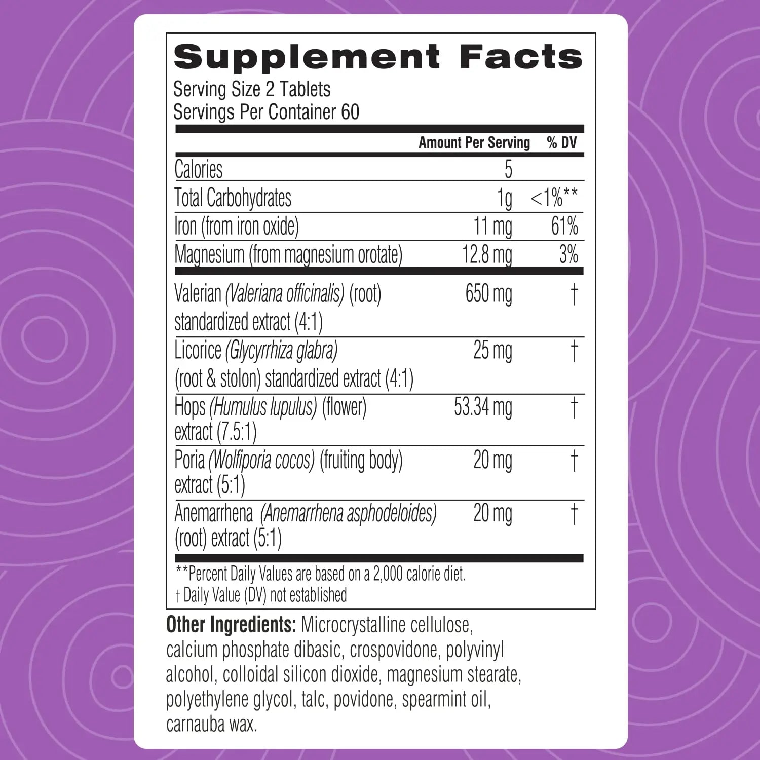 Supplement facts label on a purple background