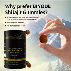 BIYODE Shilajit Gummies packaging with a hand holding a gummy against a mountainous background