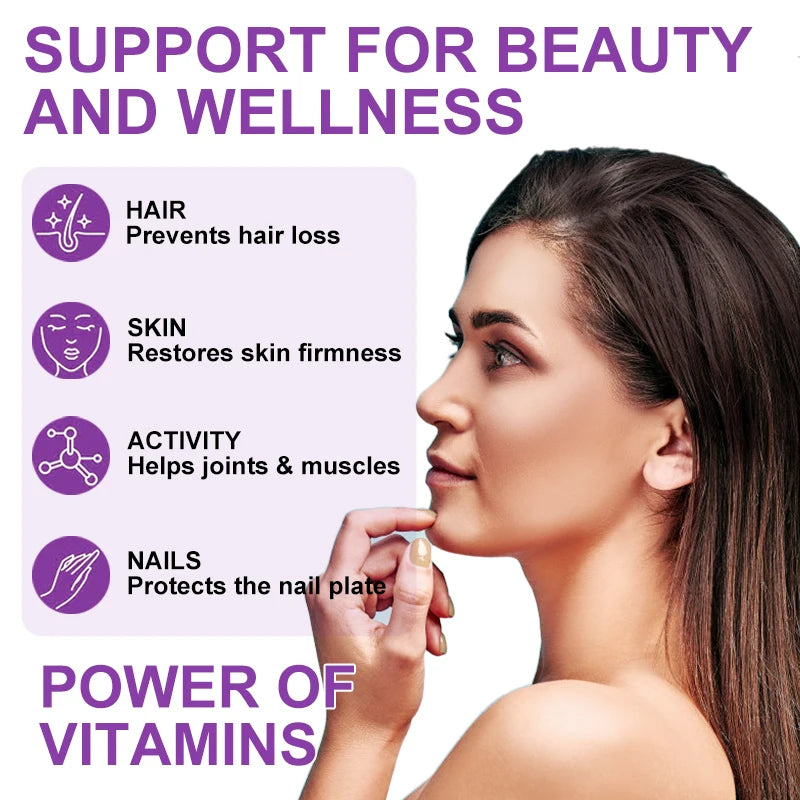 Woman with long hair and a list of benefits of vitamins on a white background