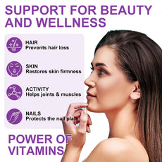 Woman with long hair and a list of benefits of vitamins on a white background