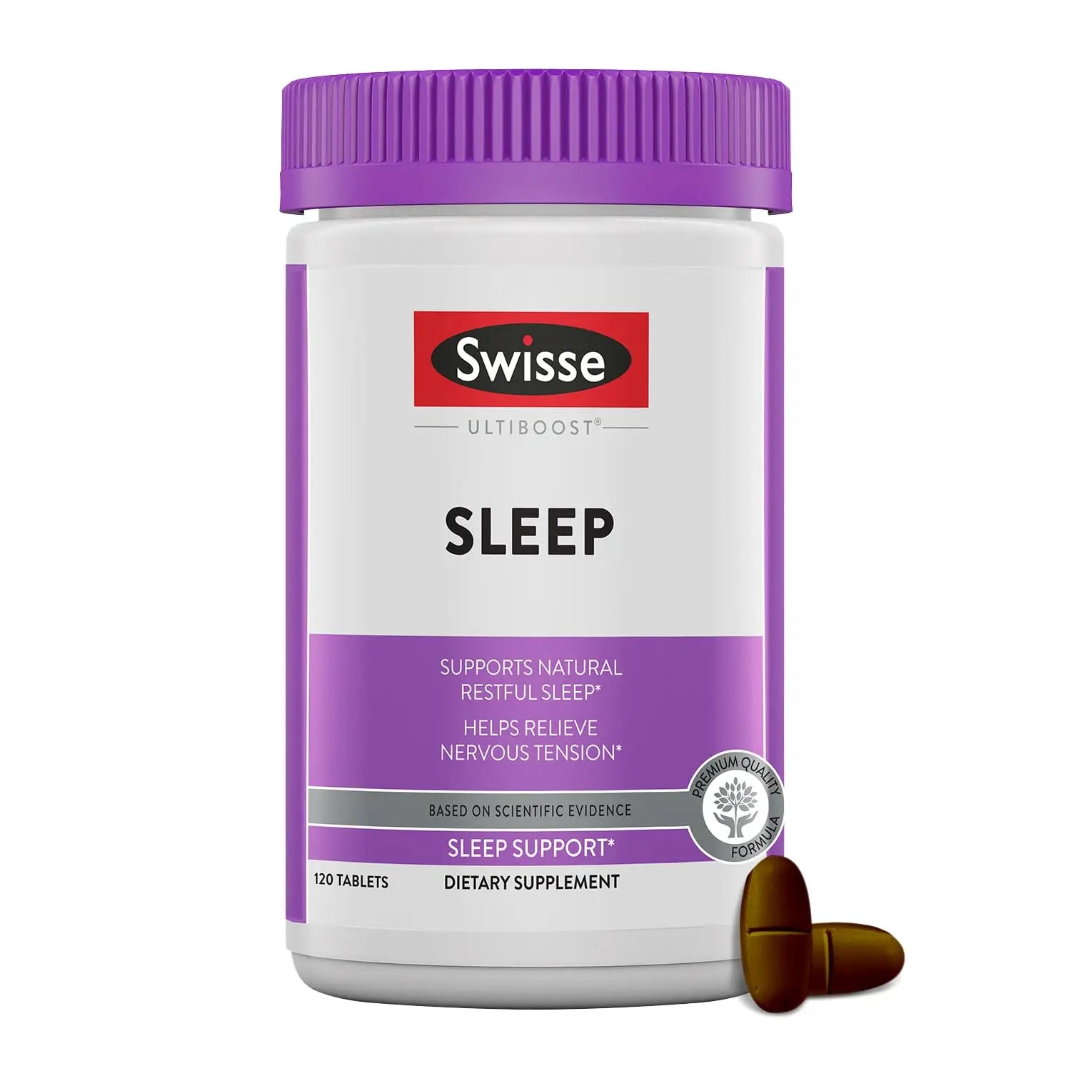 Swisse sleep support supplement bottle with purple cap and label on a white background