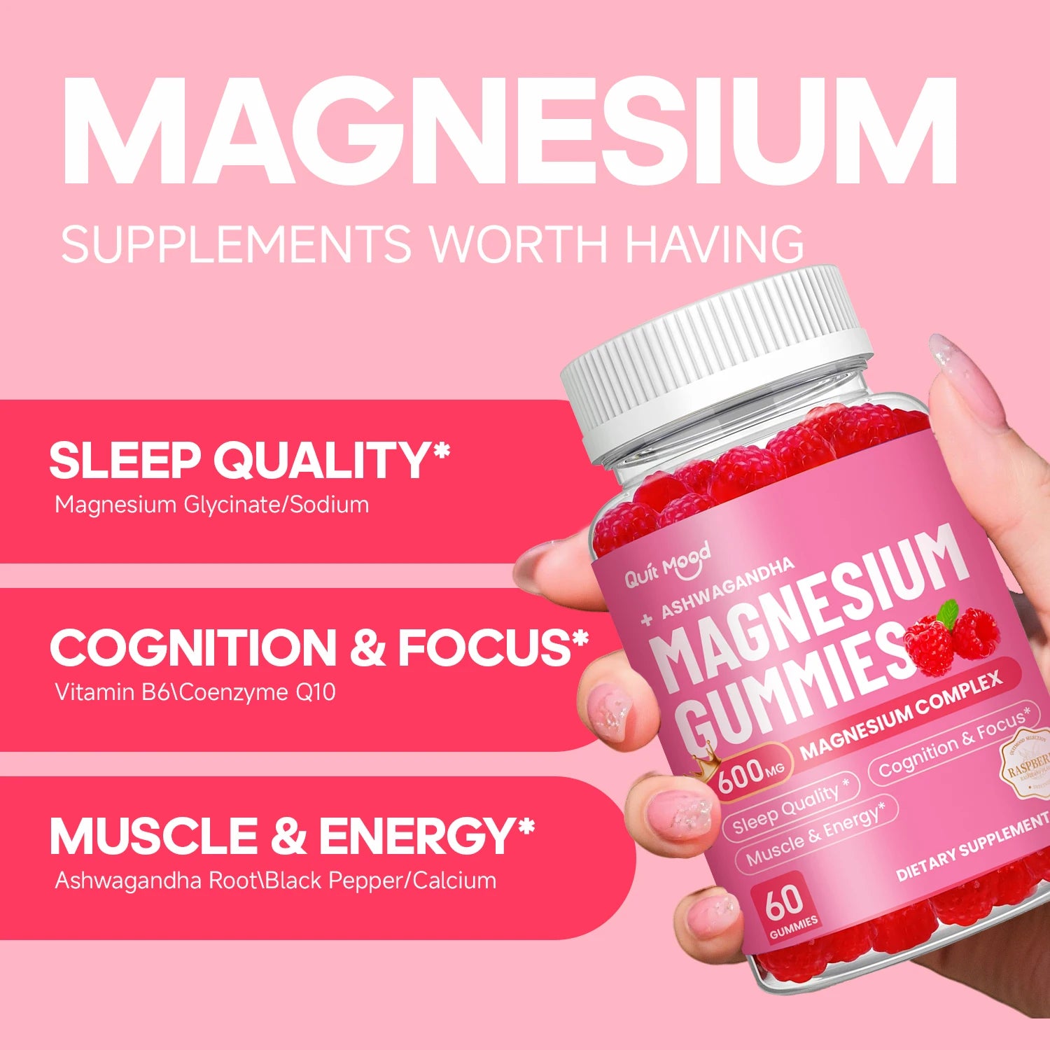 Bottle of magnesium gummies with a pink background and text highlighting benefits.