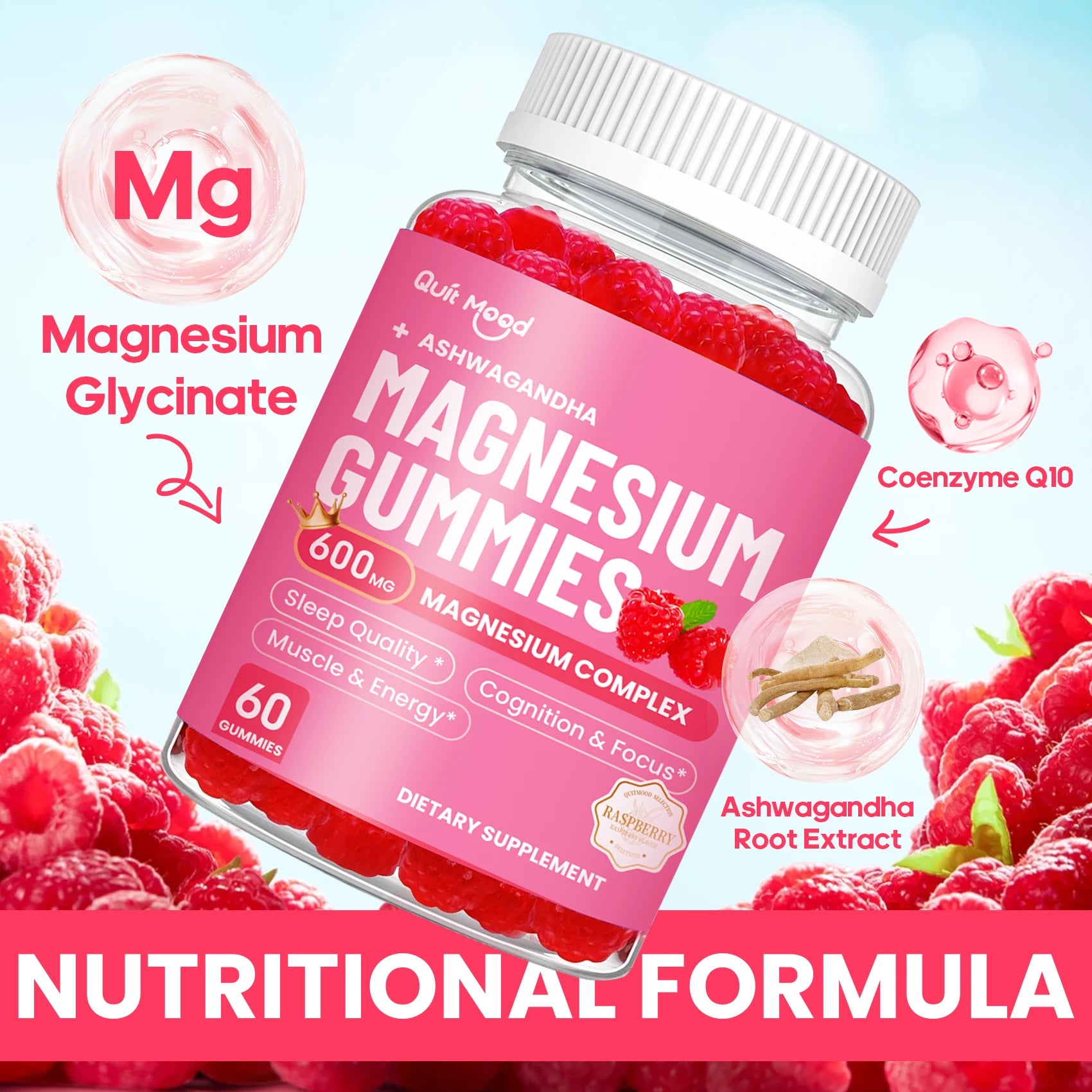 Bottle of magnesium gummies with raspberry flavor on a bright background