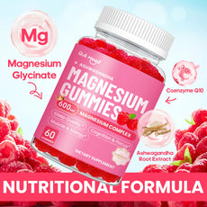 Bottle of magnesium gummies with raspberry flavor on a bright background