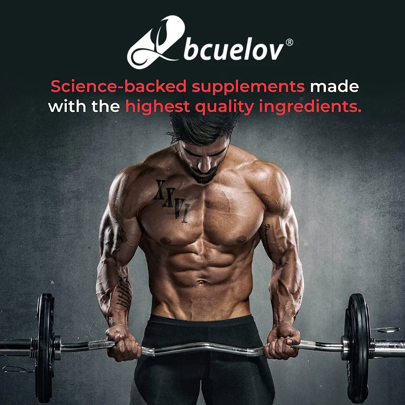 Muscular man lifting weights with Abcuelov supplement brand logo and text on a dark background
