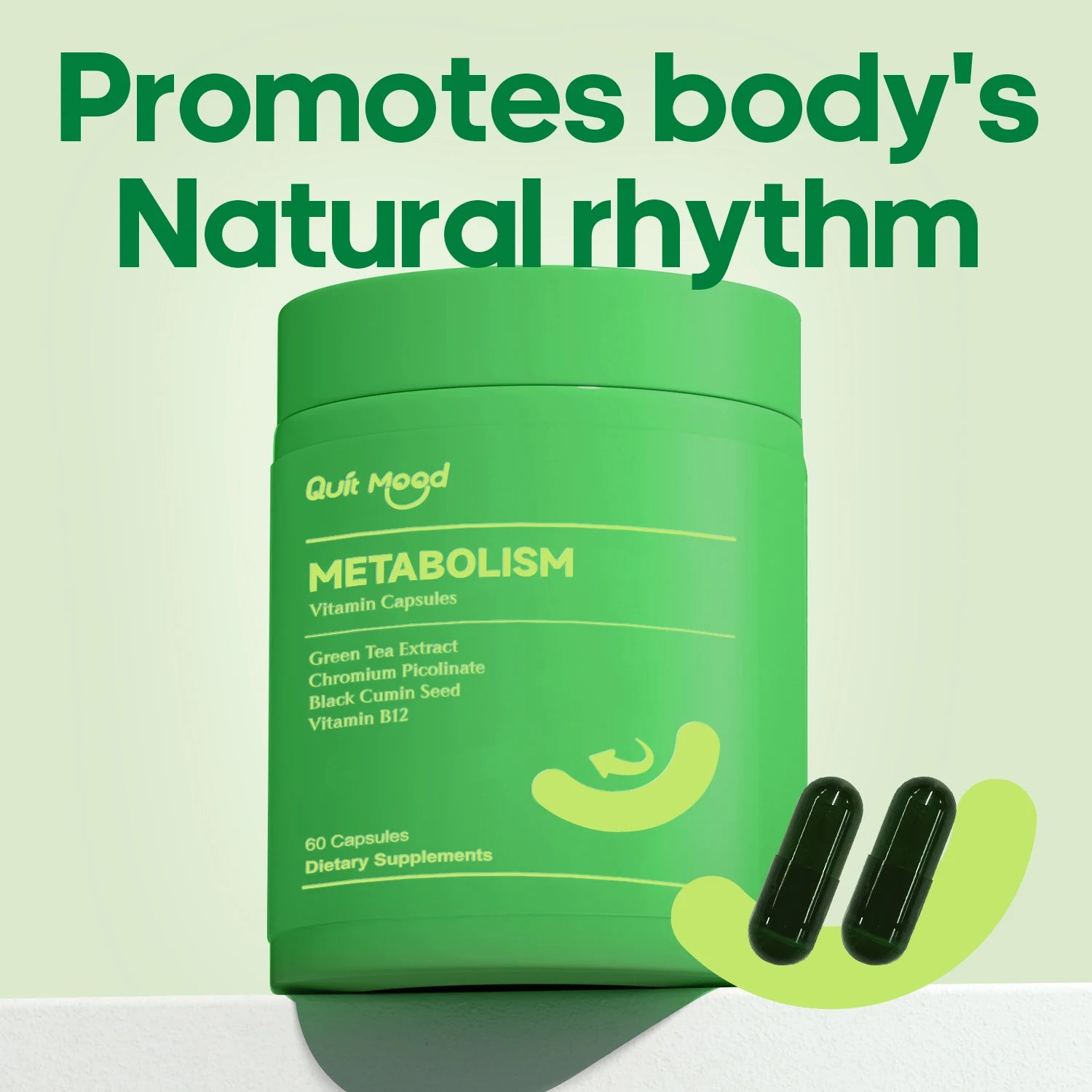 Green supplement container labeled 'Metabolism' with capsules on a light green background