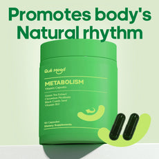 Green supplement container labeled 'Metabolism' with capsules on a light green background