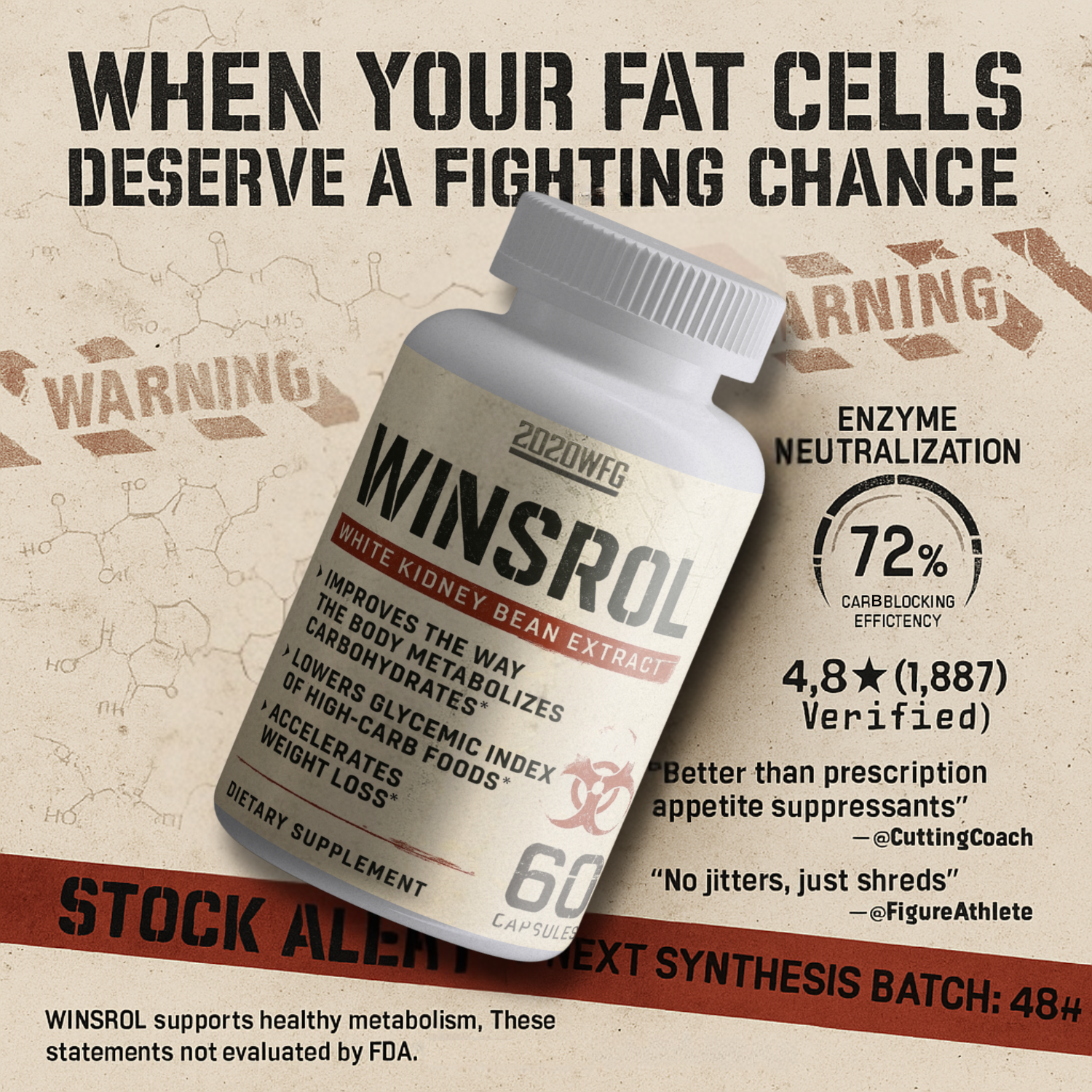 WINSROL fat burner supplement - 60 capsules with white kidney bean extract (Phaseolamin) for carb blocking and metabolic support. Sand-colored bottle with black and burgundy accents showing enzyme inhibition infographic.