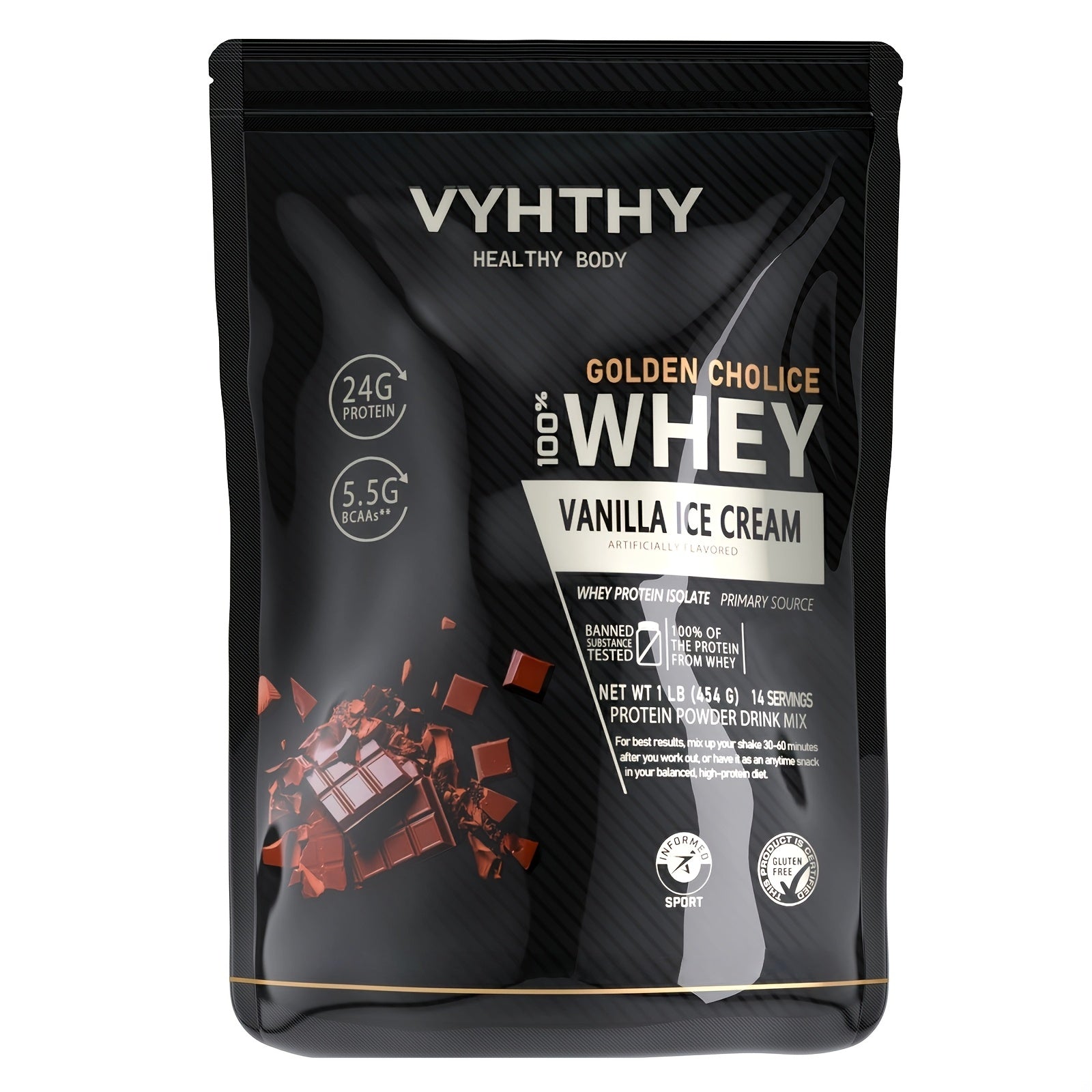 Vyhthy 100% Whey Vanilla Ice Cream protein powder package on a white background
