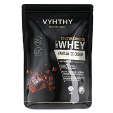 Vyhthy 100% Whey Vanilla Ice Cream protein powder package on a white background