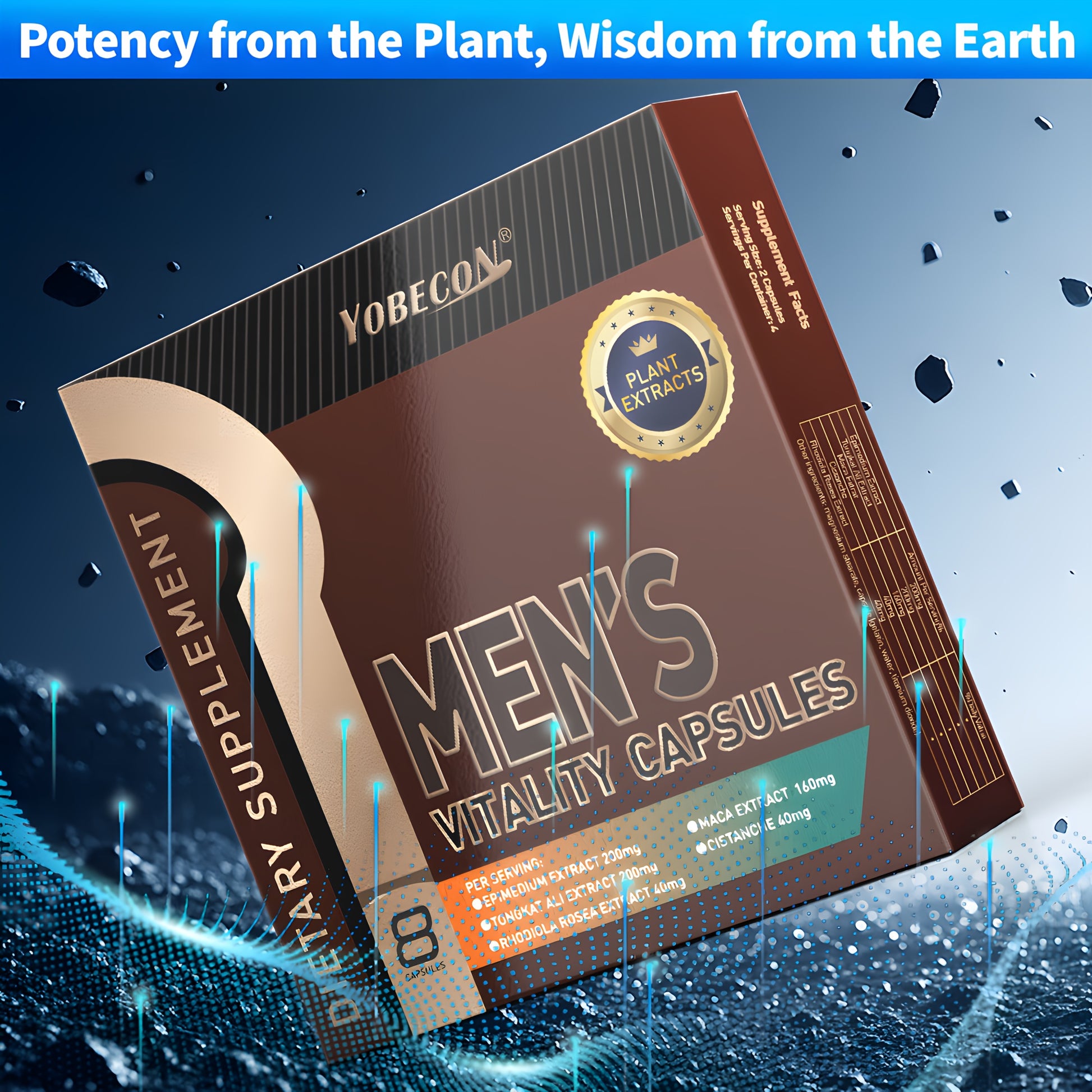 Box of Yobecon Men's Vitality Capsules with a cosmic background