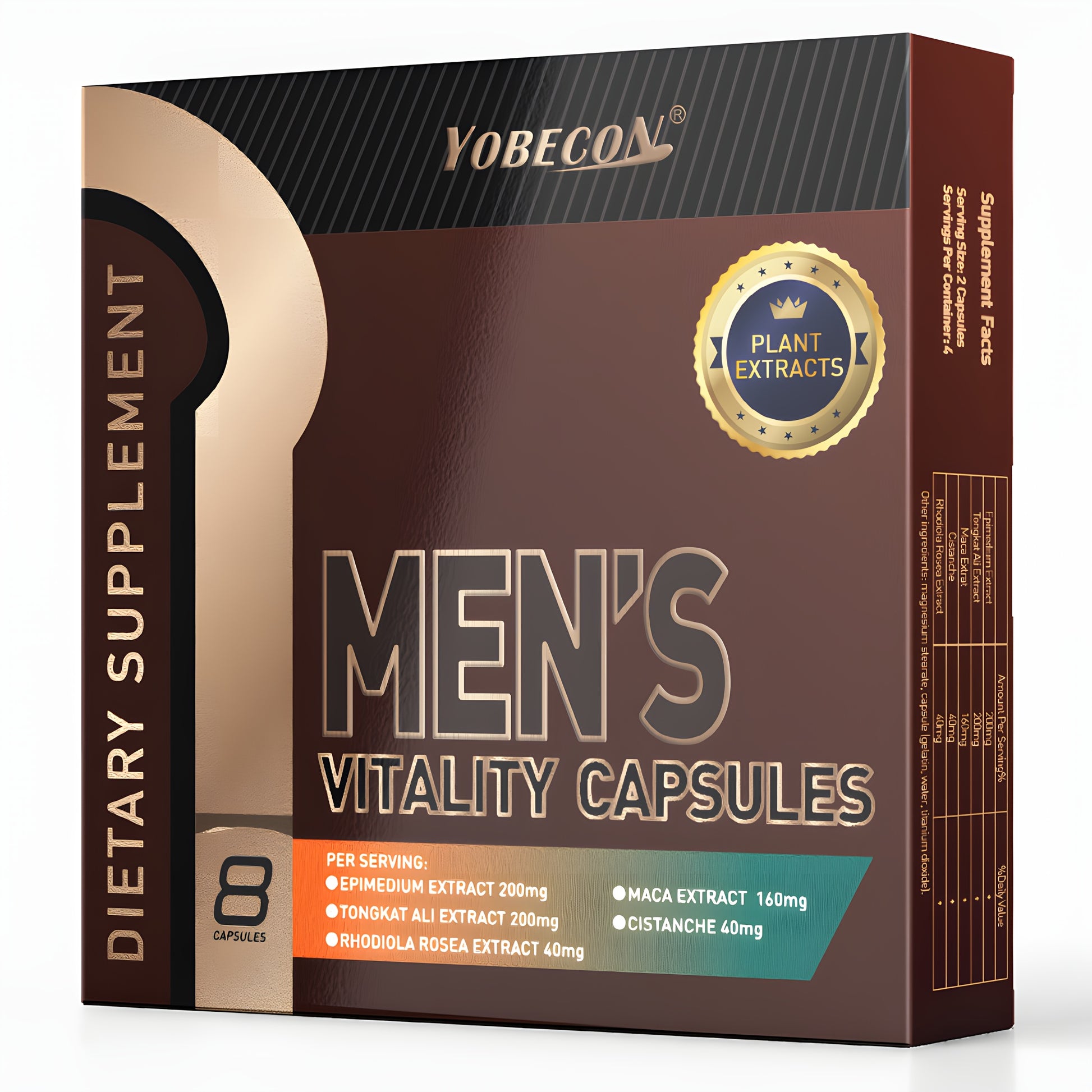 Box of Yobecon Men's Vitality Capsules with plant extracts on a white background
