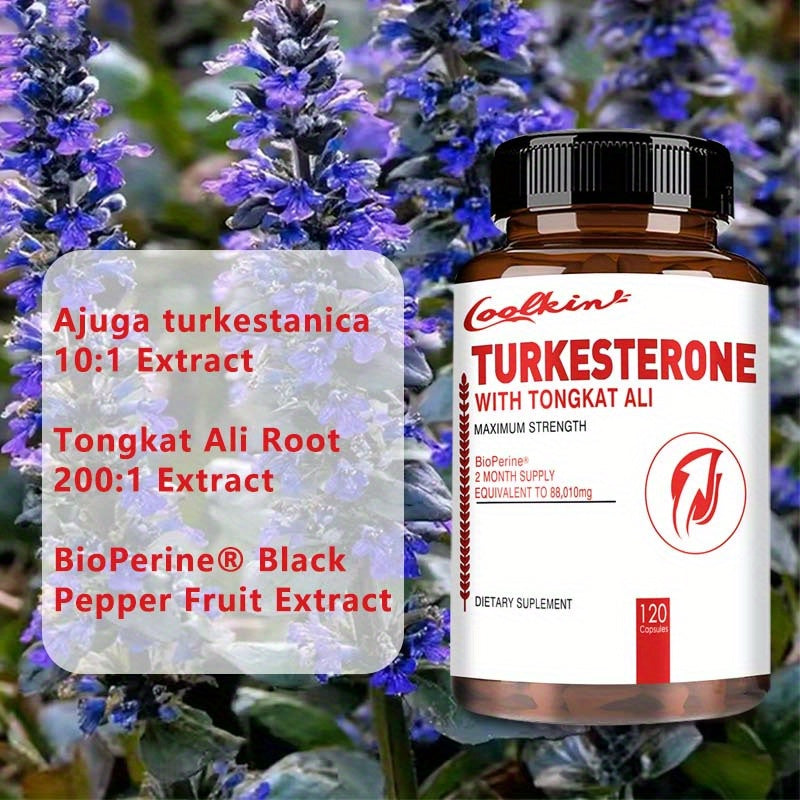 Supplement bottle labeled 'Turkesterone' with ingredients listed on a clear background.