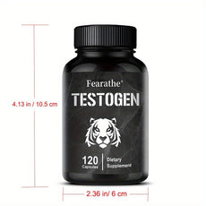 Black dietary supplement bottle labeled 'Fearathe Testogen' with measurements on a white background