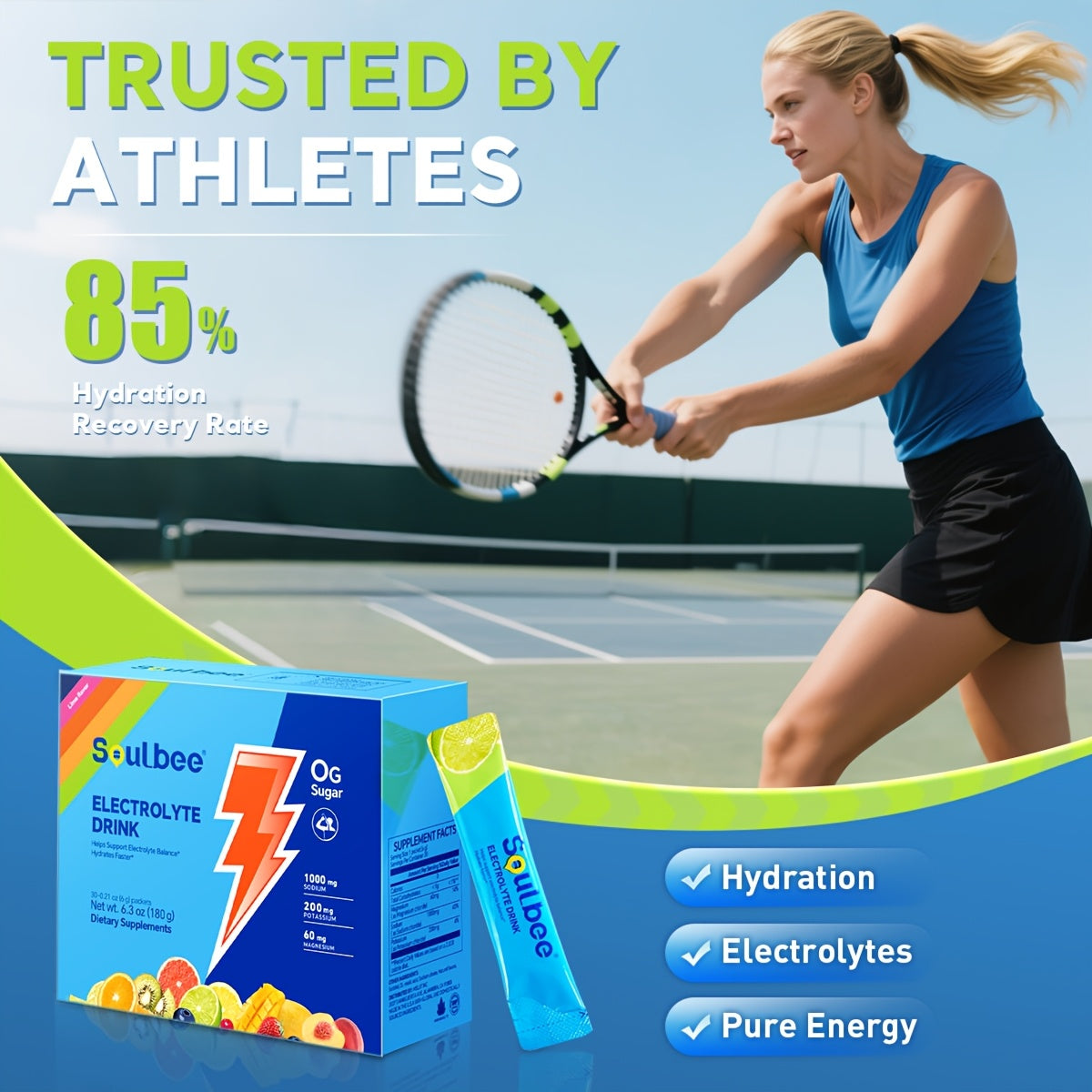 Woman playing tennis with Sulbee electrolyte drink packaging on a sports court background