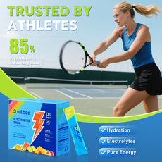 Woman playing tennis with Sulbee electrolyte drink packaging on a sports court background