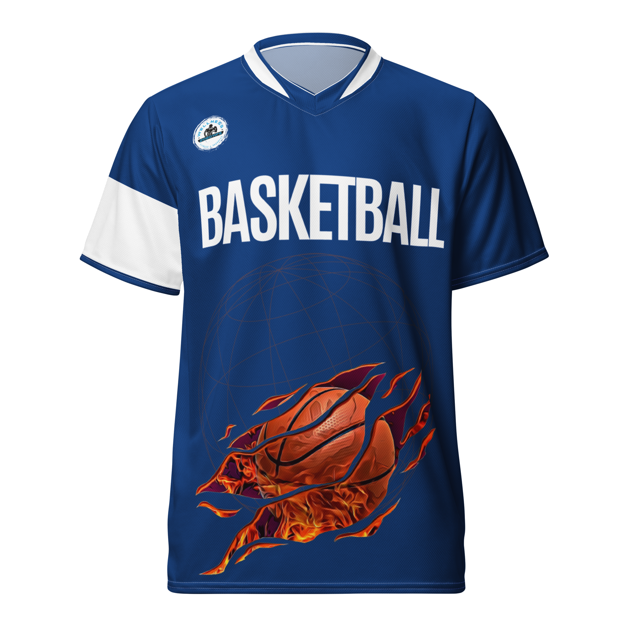 Blue basketball unisex sports jersey by 2020WFG with graphic design and double-layered v-neck collar.