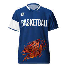 Blue basketball unisex sports jersey by 2020WFG with graphic design and double-layered v-neck collar.