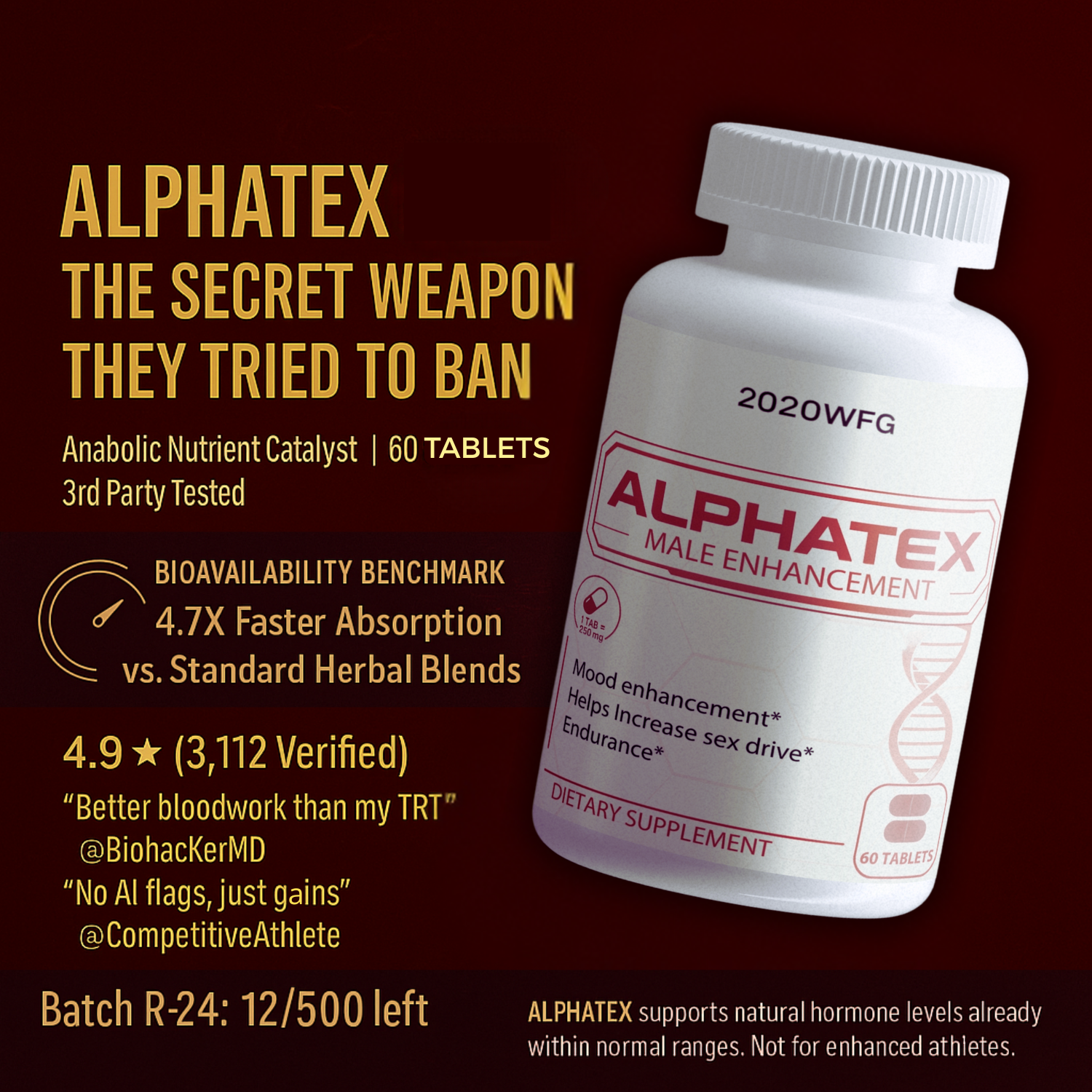 ALPHATEX testosterone support supplement - premium herbal complex with fenugreek and tribulus for natural hormone balance. Wine red bottle with gold accents, 60 tablets.